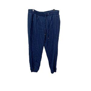 Nine West Womens Cropped Pants Blue White Stripe High Rise Drawstring Pockets L